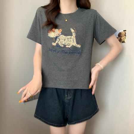 精棉夏季新款韩版刺绣圆领T恤上衣