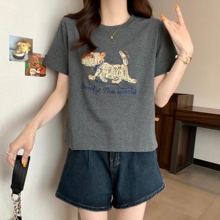 精棉夏季新款韩版刺绣圆领T恤上衣