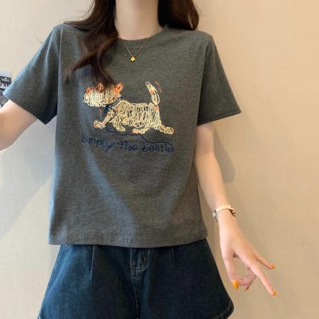 精棉夏季新款韩版刺绣圆领T恤上衣