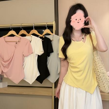 精棉夏季新款不规则设计收腰显瘦上衣