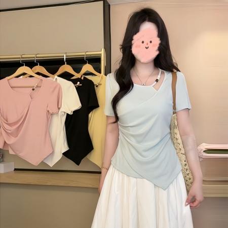 精棉夏季新款不规则设计收腰显瘦上衣