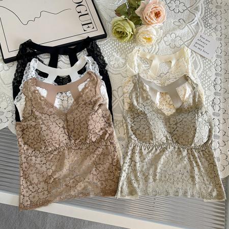 加肥加大码网红蕾丝美背复古风不跑杯聚拢内衣长款打底吊带衫