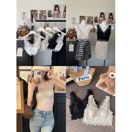 大码法式蕾丝美背叠穿神器兔耳朵杯垫免文胸内衣打底吊带背心