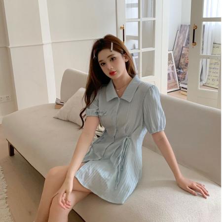 法式绑带设计感收腰短袖蓝色衬衫连衣裙高腰打底短裤夏季两件套女