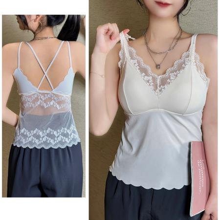 法式胖MM蕾丝美背春夏吊带背心带胸垫一体内搭外穿打底衫