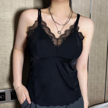 法式胖MM蕾丝美背春夏吊带背心带胸垫一体内搭外穿打底衫