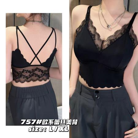 法式胖MM蕾丝美背春夏吊带背心带胸垫一体内搭外穿打底衫
