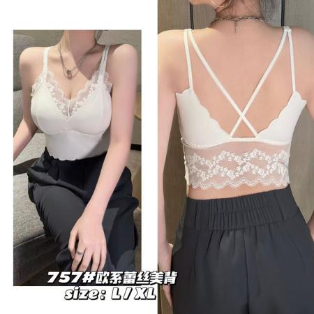 法式胖MM蕾丝美背春夏吊带背心带胸垫一体内搭外穿打底衫