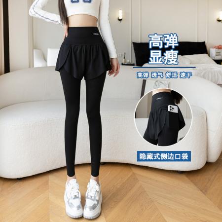 春新屁帘裤高弹假两件瑜伽裤九分薄高腰口袋鲨鱼裤运动裤