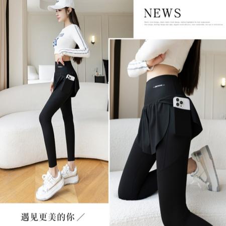春新屁帘裤高弹假两件瑜伽裤九分薄高腰口袋鲨鱼裤运动裤