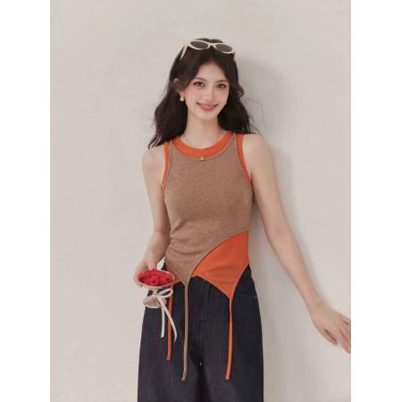 BY16909# 拼色两件套飘带设计修身吊带背心女夏季甜辣氛围感巨好看上衣  服裝批發女裝批發服飾貨源