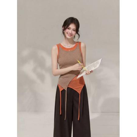 BY16909# 拼色两件套飘带设计修身吊带背心女夏季甜辣氛围感巨好看上衣  服裝批發女裝批發服飾貨源