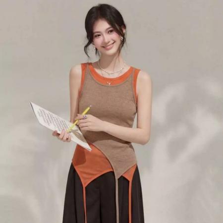BY16909# 拼色两件套飘带设计修身吊带背心女夏季甜辣氛围感巨好看上衣  服裝批發女裝批發服飾貨源