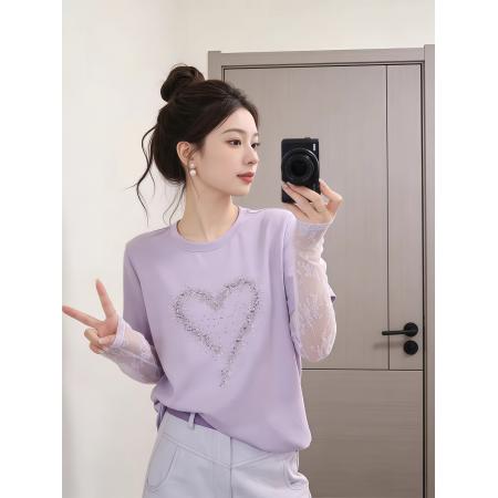 BY16913# 甜妹风漂亮爱心拼接蕾丝假两件长袖T恤夏季时髦洋气百搭上衣  服裝批發女裝批發服飾貨源