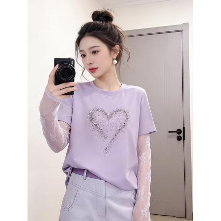 BY16913# 甜妹风漂亮爱心拼接蕾丝假两件长袖T恤夏季时髦洋气百搭上衣  服裝批發女裝批發服飾貨源