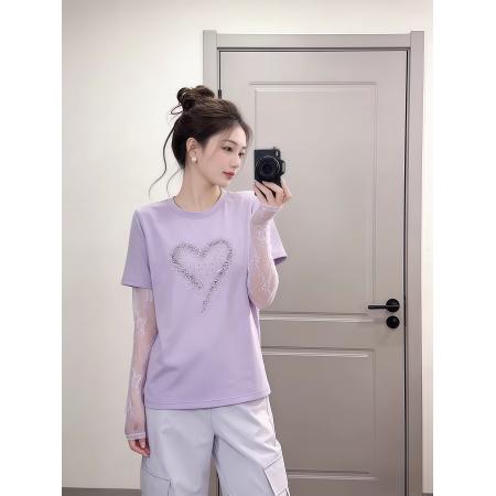 BY16913# 甜妹风漂亮爱心拼接蕾丝假两件长袖T恤夏季时髦洋气百搭上衣  服裝批發女裝批發服飾貨源