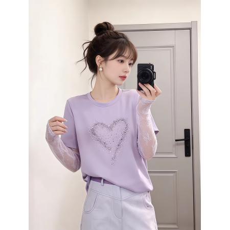 BY16913# 甜妹风漂亮爱心拼接蕾丝假两件长袖T恤夏季时髦洋气百搭上衣  服裝批發女裝批發服飾貨源