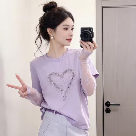 BY16913# 甜妹风漂亮爱心拼接蕾丝假两件长袖T恤夏季时髦洋气百搭上衣  服裝批發女裝批發服飾貨源