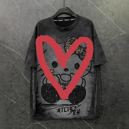 BY16917# 春夏新款卡通kt猫假两件长袖T恤女宽松休闲甜美风中长款上衣  服裝批發女裝批發服飾貨源