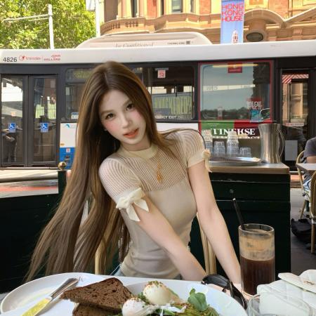 BY16931# 韩系圆领镂空设计感蝴蝶结针织短袖T恤女修身显瘦纯欲上衣夏新款  服裝批發女裝批發服飾貨源