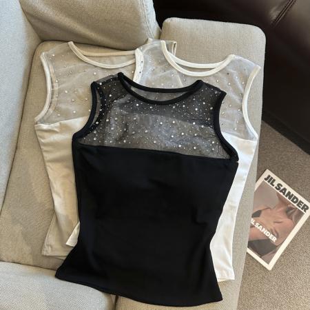 BY16935# 带胸垫烫钻网纱拼接圆领短袖T恤女夏季修身显瘦打底背心  服裝批發女裝批發服飾貨源