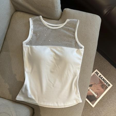 BY16935# 带胸垫烫钻网纱拼接圆领短袖T恤女夏季修身显瘦打底背心  服裝批發女裝批發服飾貨源