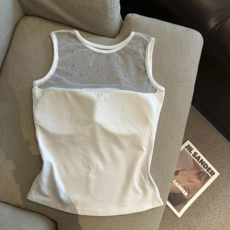 BY16935# 带胸垫烫钻网纱拼接圆领短袖T恤女夏季修身显瘦打底背心  服裝批發女裝批發服飾貨源