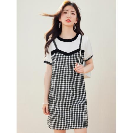 BY16936# 法式假两件吊带高端气质名媛设计感连衣裙子女夏季  服裝批發女裝批發服飾貨源