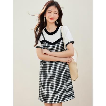 BY16936# 法式假两件吊带高端气质名媛设计感连衣裙子女夏季  服裝批發女裝批發服飾貨源