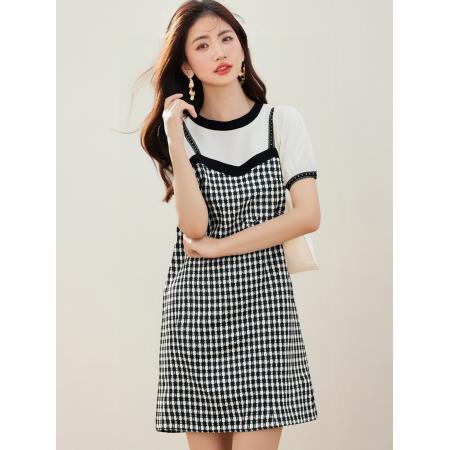 BY16936# 法式假两件吊带高端气质名媛设计感连衣裙子女夏季  服裝批發女裝批發服飾貨源