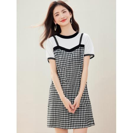 BY16936# 法式假两件吊带高端气质名媛设计感连衣裙子女夏季  服裝批發女裝批發服飾貨源