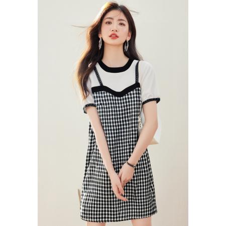 BY16936# 法式假两件吊带高端气质名媛设计感连衣裙子女夏季  服裝批發女裝批發服飾貨源