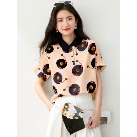BY16947# 夏季新款气质洋气减龄雪纺小衫印花宽松上衣女  服裝批發女裝批發服飾貨源
