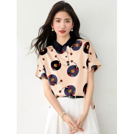 BY16947# 夏季新款气质洋气减龄雪纺小衫印花宽松上衣女  服裝批發女裝批發服飾貨源