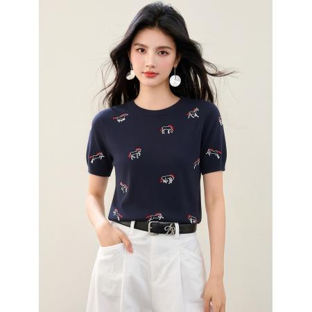 BY16950# 夏季重工小马刺绣时髦正肩圆领短袖针织衫上衣  服裝批發女裝批發服飾貨源