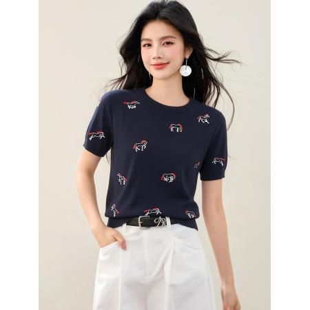 BY16950# 夏季重工小马刺绣时髦正肩圆领短袖针织衫上衣  服裝批發女裝批發服飾貨源