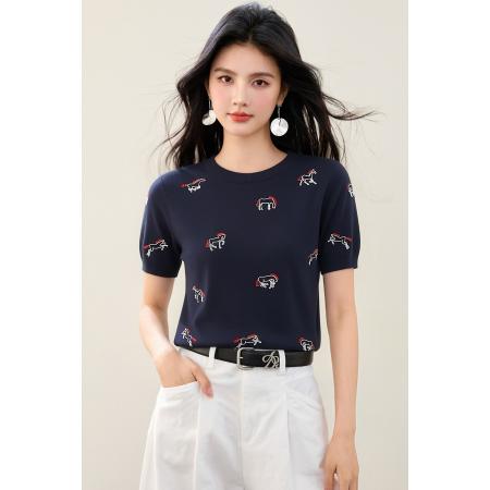 BY16950# 夏季重工小马刺绣时髦正肩圆领短袖针织衫上衣  服裝批發女裝批發服飾貨源