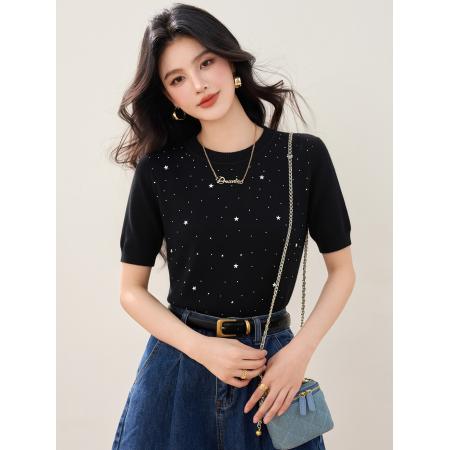 BY16952# 设计感重工镶钻针织衫女短袖夏季宽松显瘦小众t恤  服裝批發女裝批發服飾貨源