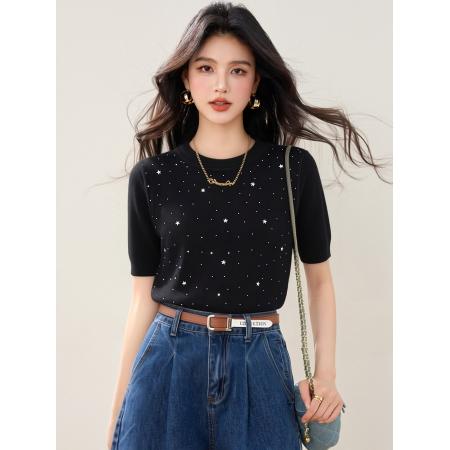 BY16952# 设计感重工镶钻针织衫女短袖夏季宽松显瘦小众t恤  服裝批發女裝批發服飾貨源