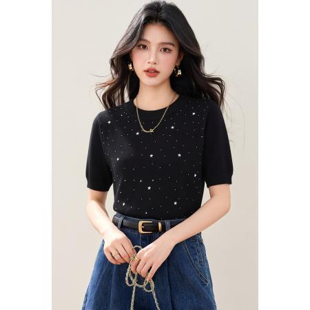 BY16952# 设计感重工镶钻针织衫女短袖夏季宽松显瘦小众t恤  服裝批發女裝批發服飾貨源