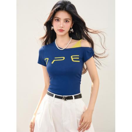 BY16954# 拼接假两件露肩短袖女字母印花修身设计感辣妹上衣  服裝批發女裝批發服飾貨源