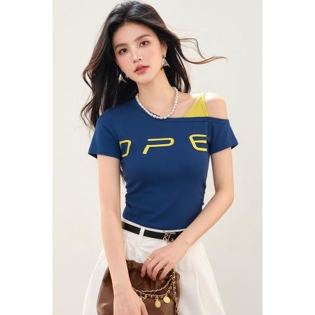 BY16954# 拼接假两件露肩短袖女字母印花修身设计感辣妹上衣  服裝批發女裝批發服飾貨源