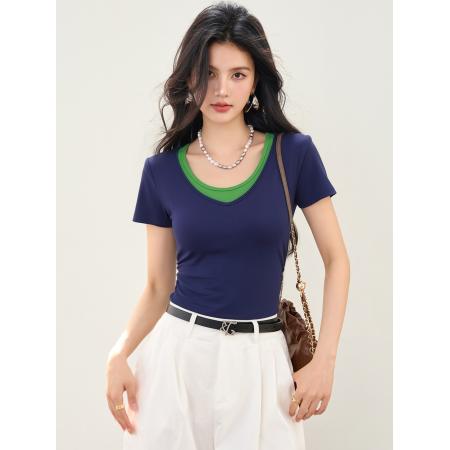 BY16955# 复古高街V领撞色假两件修身短袖美式带胸垫褶上衣  服裝批發女裝批發服飾貨源