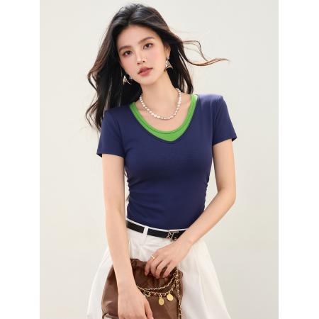 BY16955# 复古高街V领撞色假两件修身短袖美式带胸垫褶上衣  服裝批發女裝批發服飾貨源