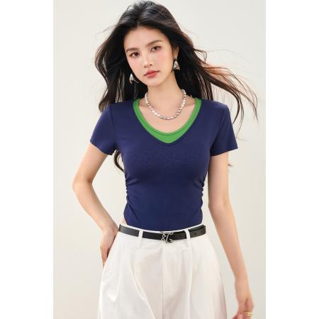 BY16955# 复古高街V领撞色假两件修身短袖美式带胸垫褶上衣  服裝批發女裝批發服飾貨源