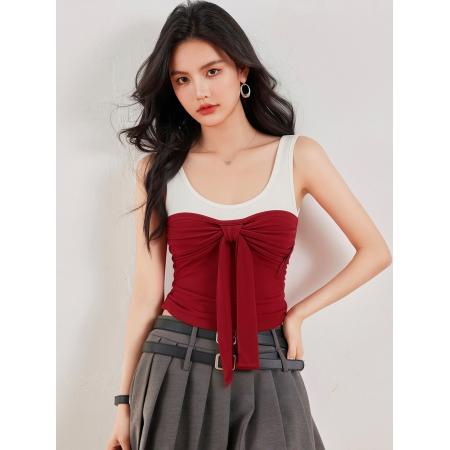 BY16957# 法式蝴蝶结系带减龄背心女带胸垫撞色修身无袖上衣  服裝批發女裝批發服飾貨源