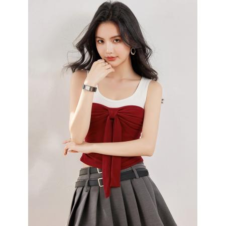 BY16957# 法式蝴蝶结系带减龄背心女带胸垫撞色修身无袖上衣  服裝批發女裝批發服飾貨源