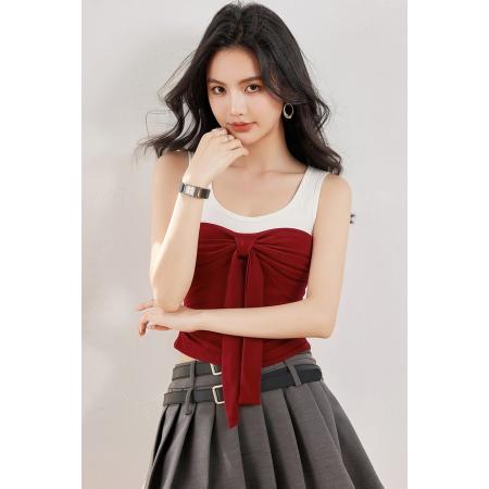 BY16957# 法式蝴蝶结系带减龄背心女带胸垫撞色修身无袖上衣  服裝批發女裝批發服飾貨源
