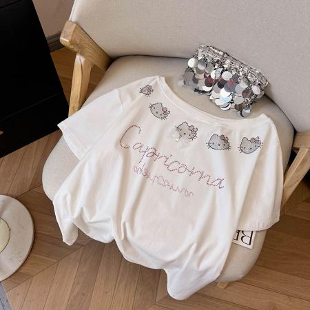 BY16960# 大码女装200斤短袖t恤夏新款潮宽松烫钻斜领上衣  服裝批發女裝批發服飾貨源