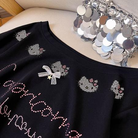 BY16960# 大码女装200斤短袖t恤夏新款潮宽松烫钻斜领上衣  服裝批發女裝批發服飾貨源